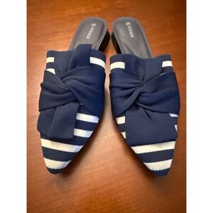 Vivaia Yaffa flats mules pointed toe Navy blue white stripe $139 bow knot